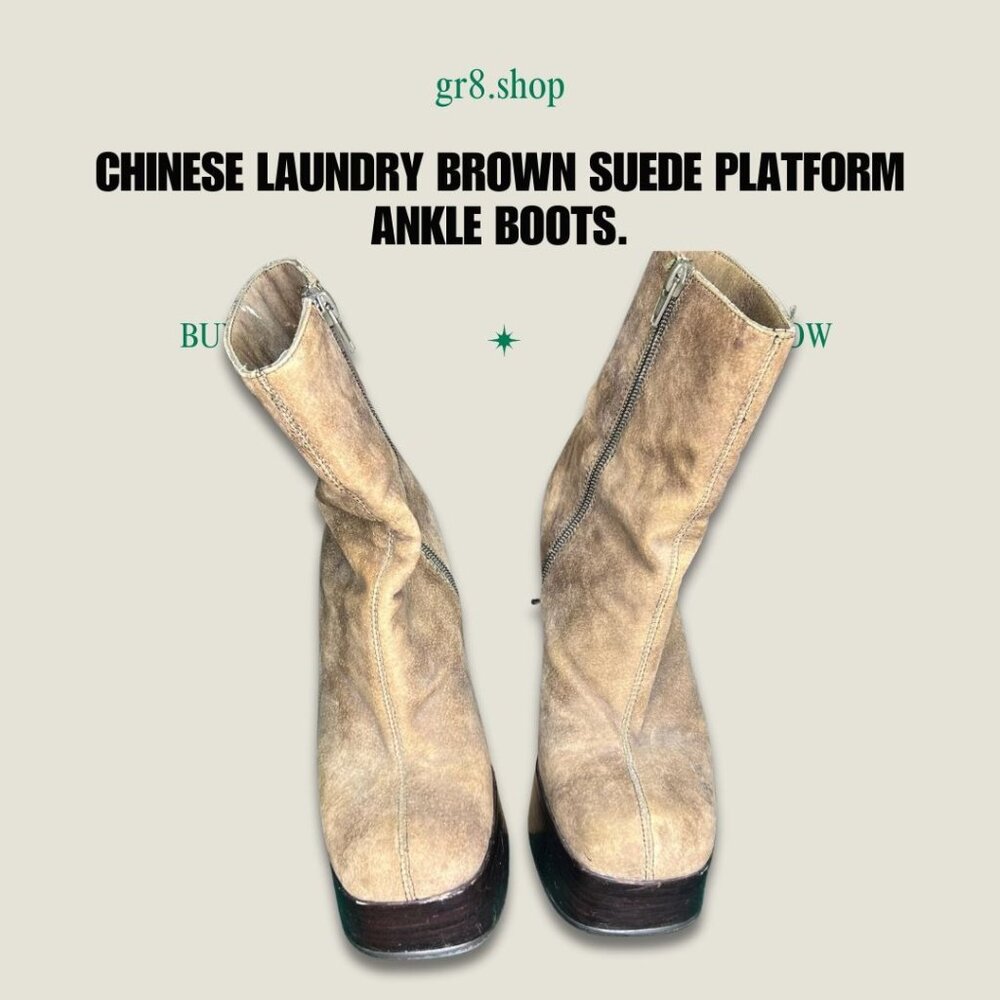 Chinese Laundry Brown Suede Platform Ankle Boots With Chunky Heels & Side Zipper